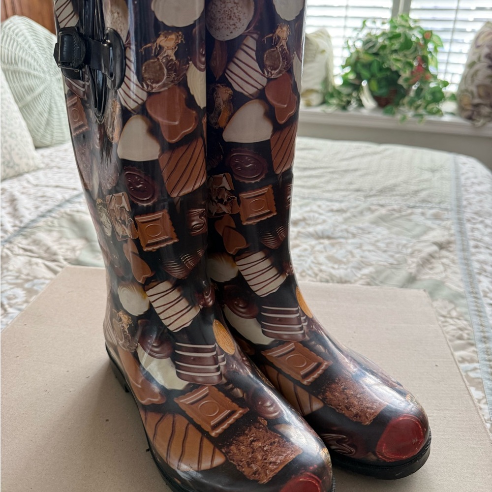 Dirty Laundry Chocolate Candy Pattern Rain Boots
